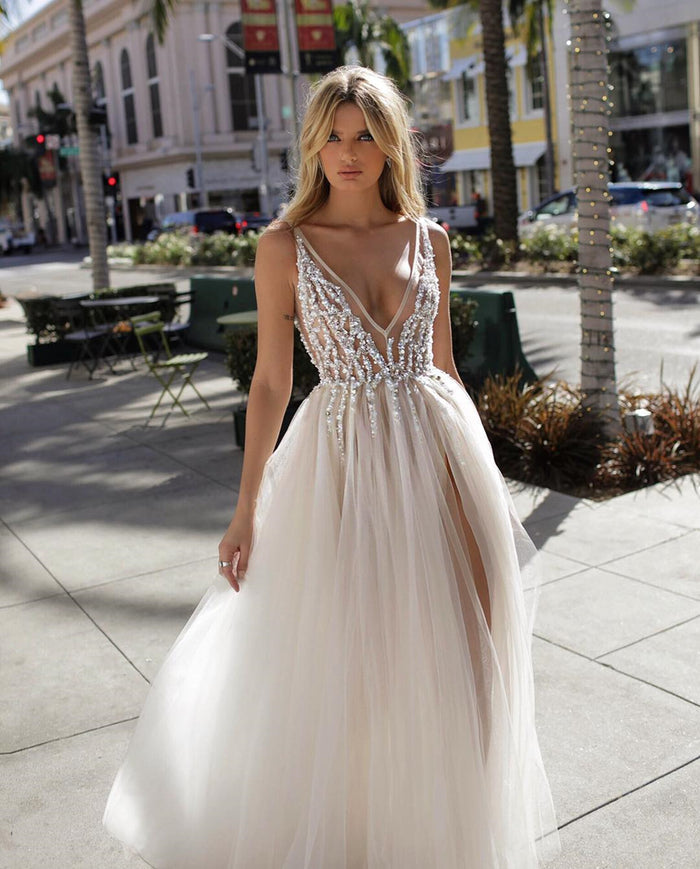 A Line V Neck Backless Beaded Tulle Prom Dresses, Ivory V Neck Backless Tulle Wedding Dresses, Evening Dresses1