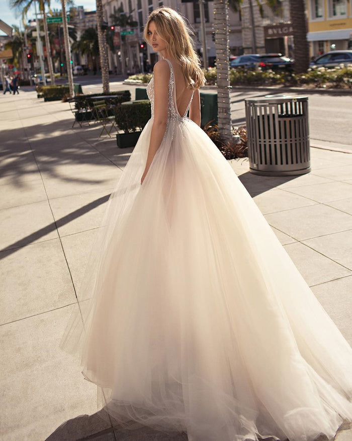 A Line V Neck Backless Beaded Tulle Prom Dresses, Ivory V Neck Backless Tulle Wedding Dresses, Evening Dresses Back