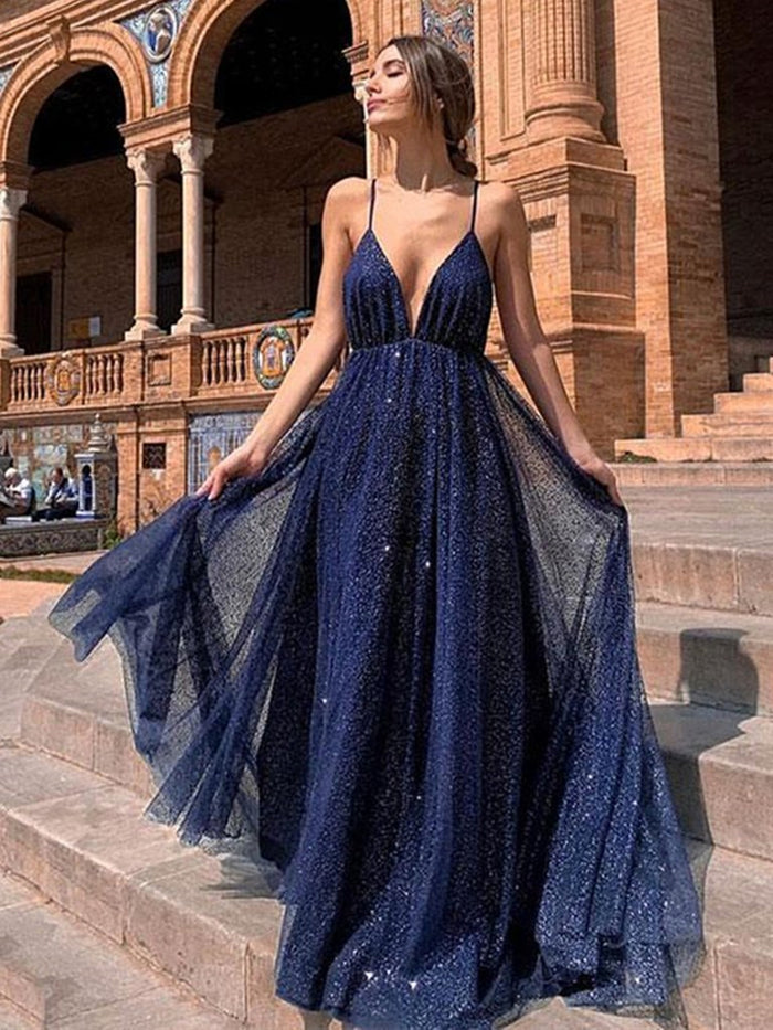 A Line V Neck Backless Blue Prom Dresses, V Neck Blue Backless Formal Graduation Evening Dresses