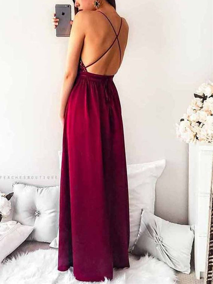 A Line V Neck Backless Burgundy Prom Dresses, Backless Burgundy Formal Dresses, Graduation Dresses, Evening Dresses