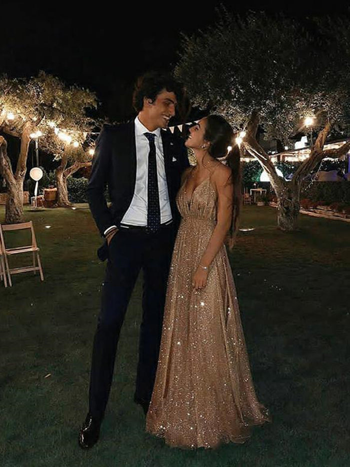 A Line V Neck Backless Champagne Lace Prom Dresses, Champagne Lace Formal Dresses, V Neck Backless Graduation Dresses