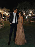 A Line V Neck Backless Champagne Lace Prom Dresses, Champagne Lace Formal Dresses, V Neck Backless Graduation Dresses