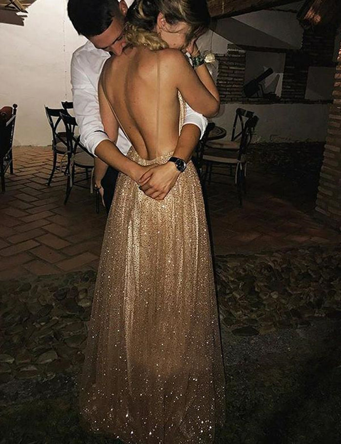 A Line V Neck Backless Champagne Lace Prom Dresses, Champagne Lace Formal Dresses, V Neck Backless Graduation Dresses