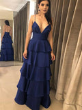 A Line V Neck Backless Dark Navy Blue Prom Dresses, Navy Blue Backless Formal Graduation Evening Dresses