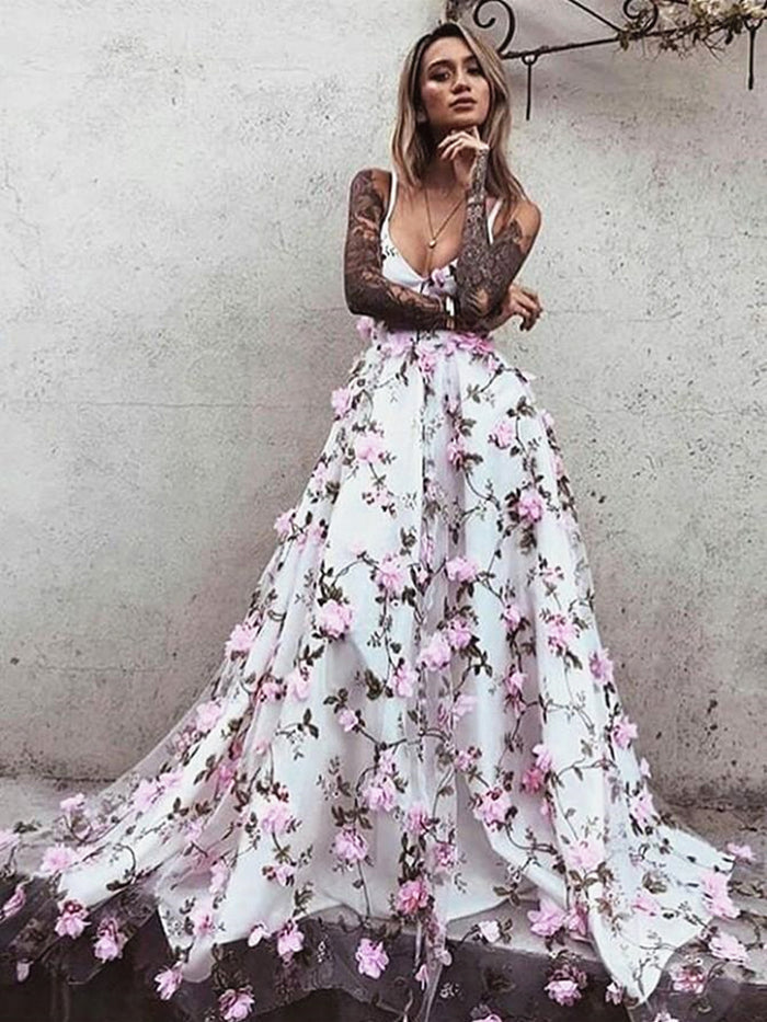 A Line V Neck Backless Pink Floral Lace Prom Dresses, Pink 3D Flower Lace Formal Graduation Homecoming Dresses