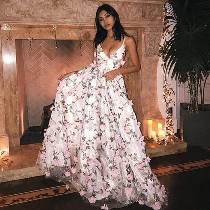 A Line V Neck Backless Pink Floral Lace Prom Dresses, Pink 3D Flower Lace Formal Graduation Homecoming Dresses