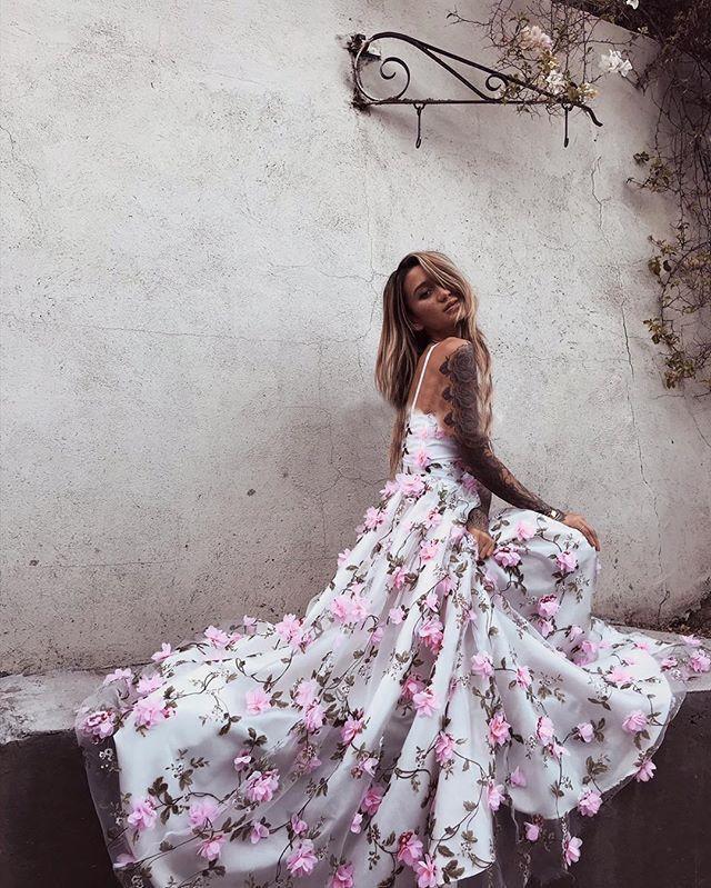A Line V Neck Backless Pink Floral Lace Prom Dresses, Pink 3D Flower Lace Formal Graduation Homecoming Dresses