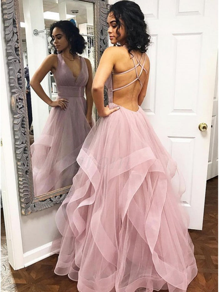 A Line V Neck Backless Prom Dresses, V Neck Backless Formal Graduation Evening Dresses
