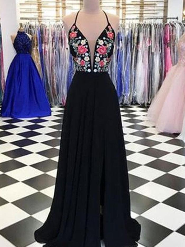 A Line V Neck Black Floral Prom Dresses, Black V Neck Floral Formal Dresses, Evening Dresses