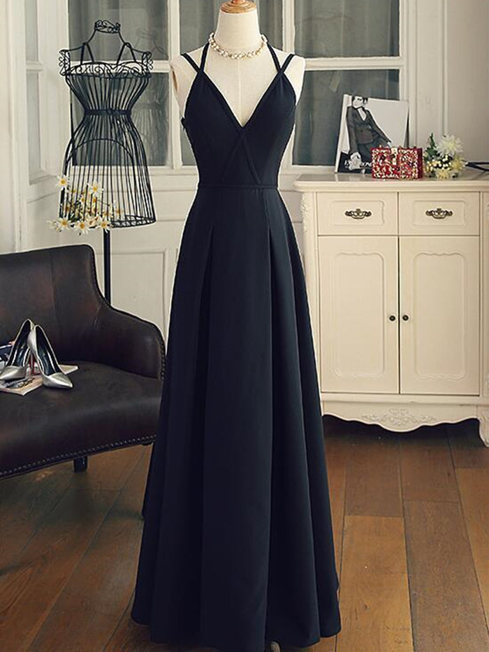 A Line V Neck Black Long Prom Dresses with Corss Back, Black Long Formal Evening Graduation Dresses
