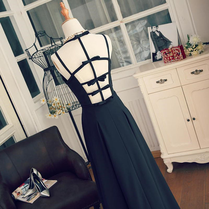 A Line V Neck Black Long Prom Dresses with Corss Back, Black Long Formal Evening Graduation Dresses