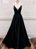 A Line V Neck Black Satin Prom Dresses Long, Black V Neck Satin Formal Graduation Evening Dresses