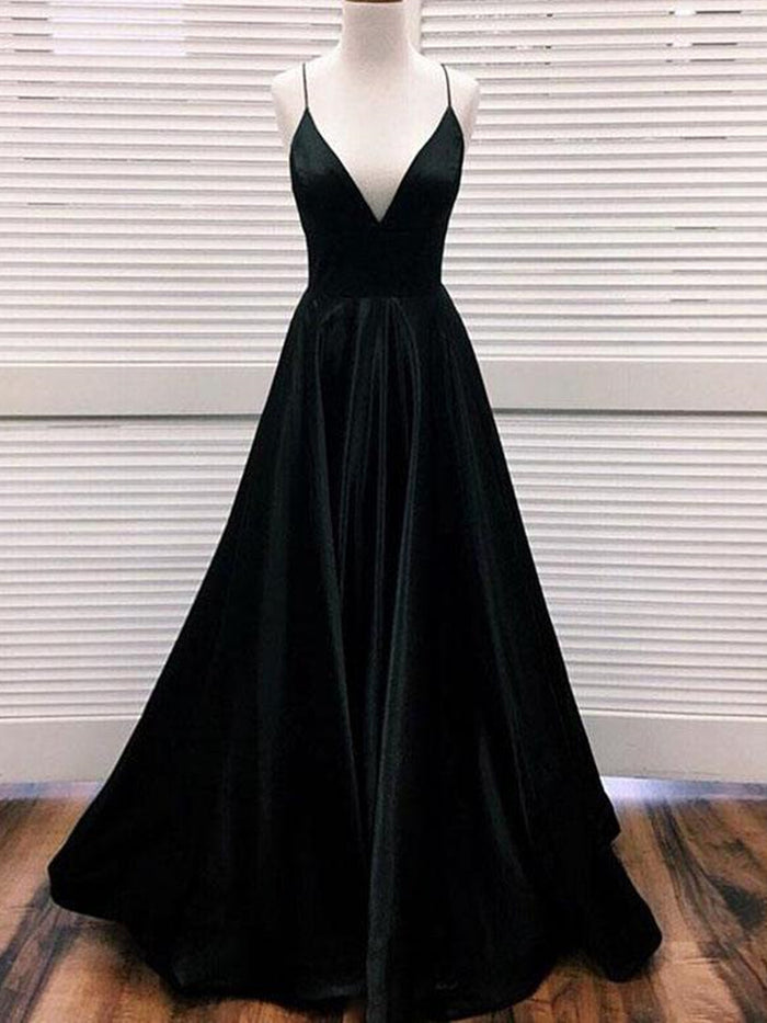 A Line V Neck Black Satin Prom Dresses Long, Black V Neck Satin Formal Graduation Evening Dresses