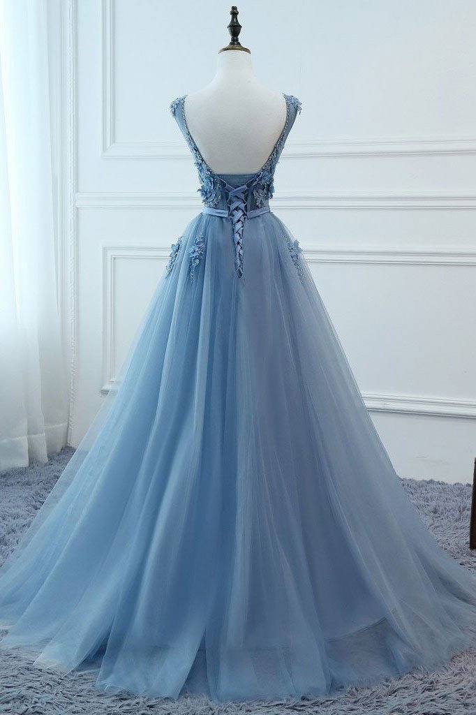 A Line V Neck Blue Lace Prom Dress, Tulle Lace Formal Dreses, Lace Evening Dresses,Blue Graduation Dresses
