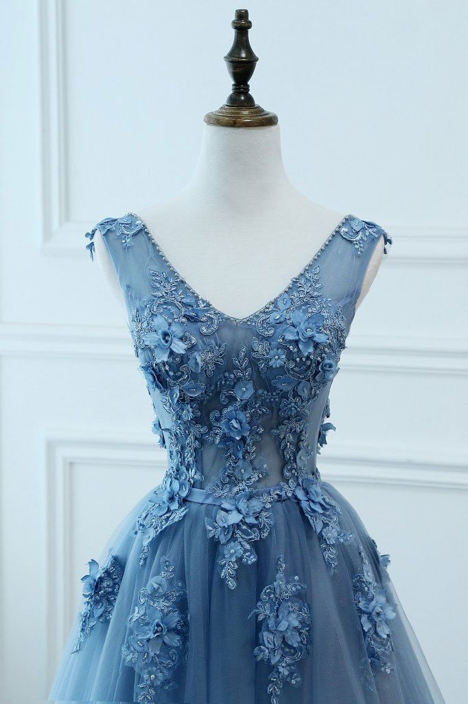 A Line V Neck Blue Lace Prom Dress, Tulle Lace Formal Dreses, Lace Evening Dresses,Blue Graduation Dresses