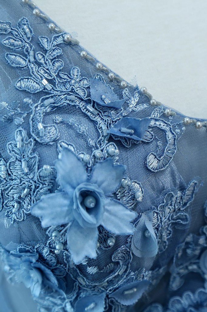 A Line V Neck Blue Lace Prom Dress, Tulle Lace Formal Dreses, Lace Evening Dresses,Blue Graduation Dresses