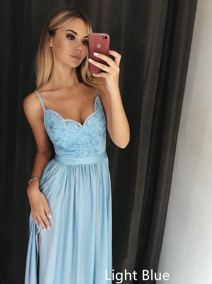 A Line V Neck Blue Lace Prom Dresses, Blue Lace Formal Evening Bridesmaid Dresses