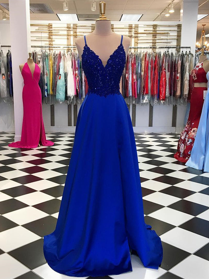 A Line V Neck Blue Lace Prom Dresses, V Neck Blue Lace Formal Graduation Evening Dresses