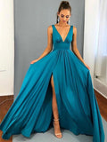 A Line V Neck Blue Prom Dresses, Blue V Neck Graduation Dresses, Formal Dresses