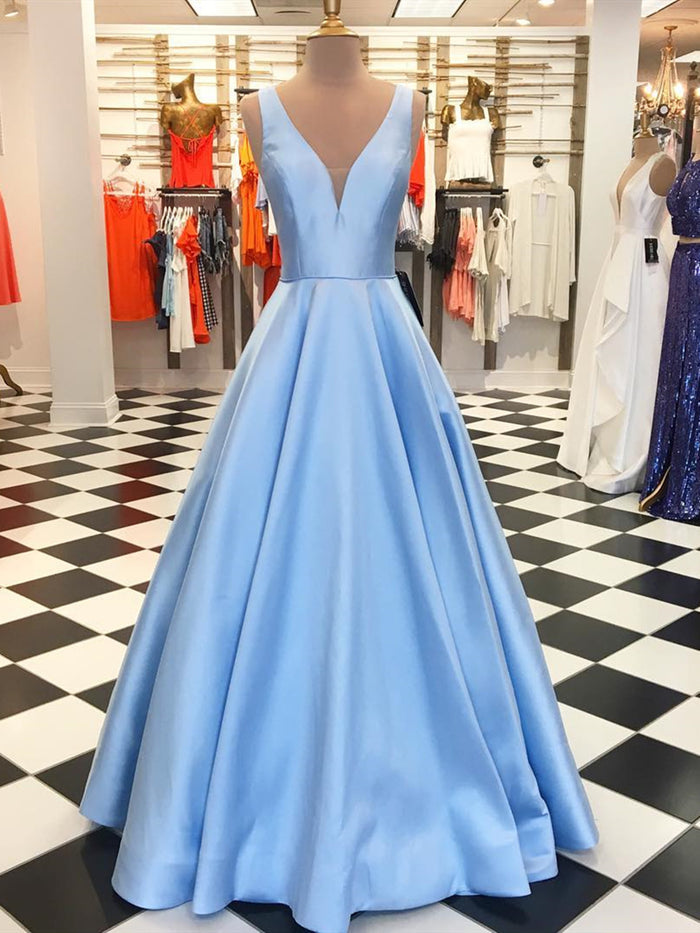 A Line V Neck Blue Prom Dresses, V Neck Blue Formal Graduation Evening Dresses