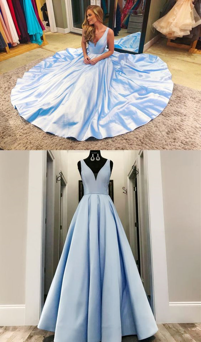 A Line V Neck Blue Prom Dresses, V Neck Blue Formal Graduation Evening Dresses