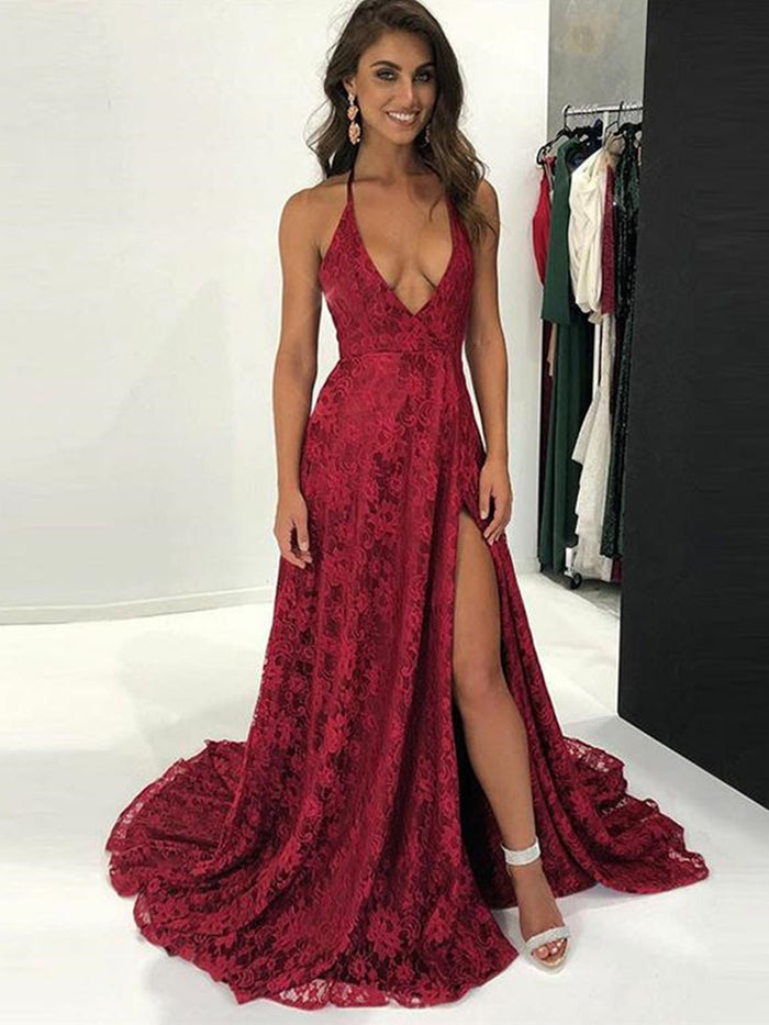 A Line V Neck Burgundy Backless Lace Prom Dresses, Backless Burgundy Lace Formal Graduation Evening Dresses
