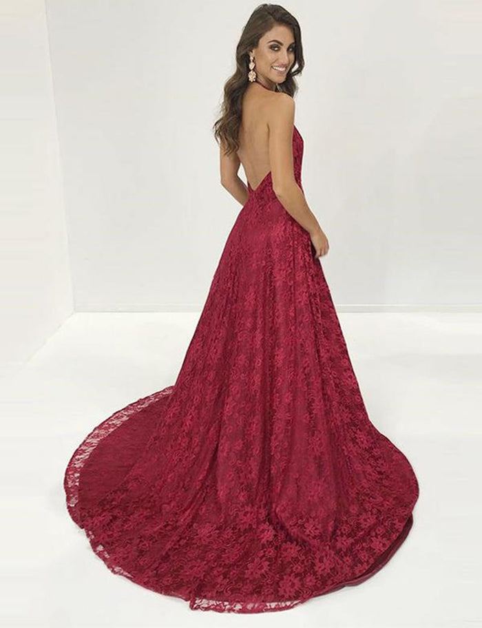 A Line V Neck Burgundy Backless Lace Prom Dresses, Backless Burgundy Lace Formal Graduation Evening Dresses