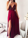 A Line V Neck Burgundy Backless Prom Dresses, Wine Red Beaded Backless Graduation Evening Formal Dresses