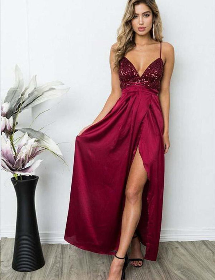 A Line V Neck Burgundy Backless Prom Dresses, Wine Red Beaded Backless Graduation Evening Formal Dresses