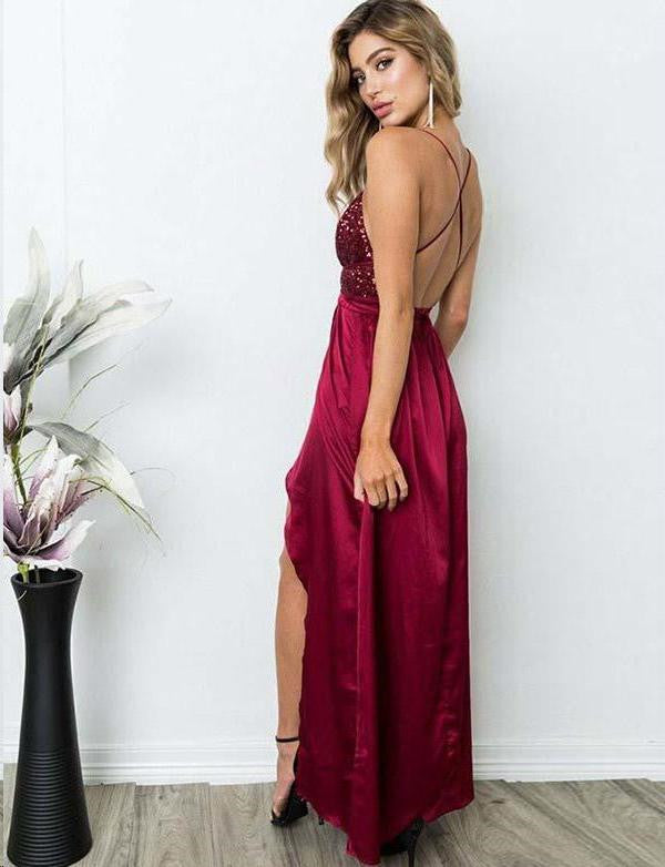 A Line V Neck Burgundy Backless Prom Dresses, Wine Red Beaded Backless Graduation Evening Formal Dresses