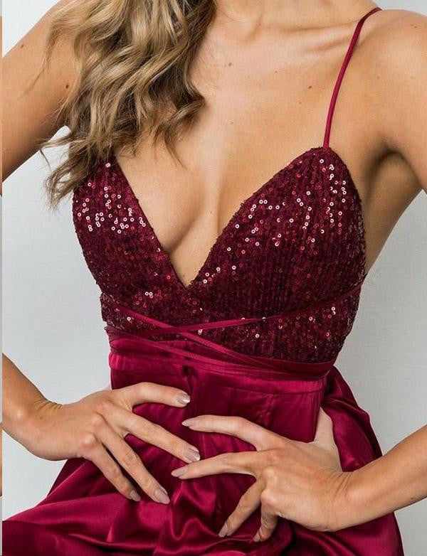 A Line V Neck Burgundy Backless Prom Dresses, Wine Red Beaded Backless Graduation Evening Formal Dresses