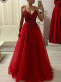 A Line V Neck Burgundy Beaded Prom Dresses, Burgundy Beaded Formal Graduation Evening Dresses