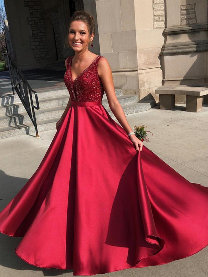 A Line V Neck Burgundy Beaded Prom Dresses, Burgundy V Neck Formal Graduation Dresses