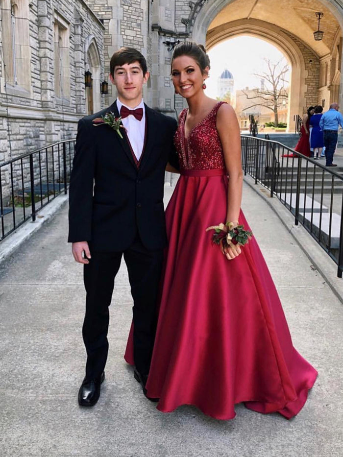 A Line V Neck Burgundy Beaded Prom Dresses, Burgundy V Neck Formal Graduation Dresses