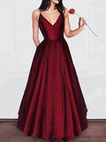 A Line V Neck Burgundy Floor Length Prom Dresses, Burgundy V Neck Formal Graduation Evening Dresses