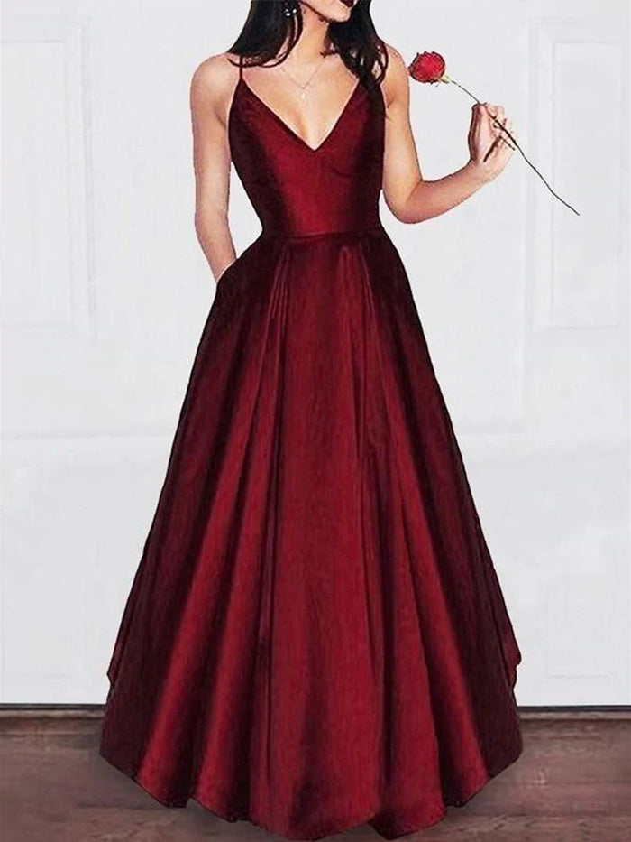 A Line V Neck Burgundy Floor Length Prom Dresses, Burgundy V Neck Formal Graduation Evening Dresses