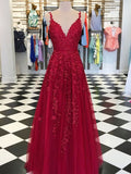 A Line V Neck Burgundy Lace Prom Dresses, Burgundy Lace Formal Dresses, V Neck Graduation Dresses