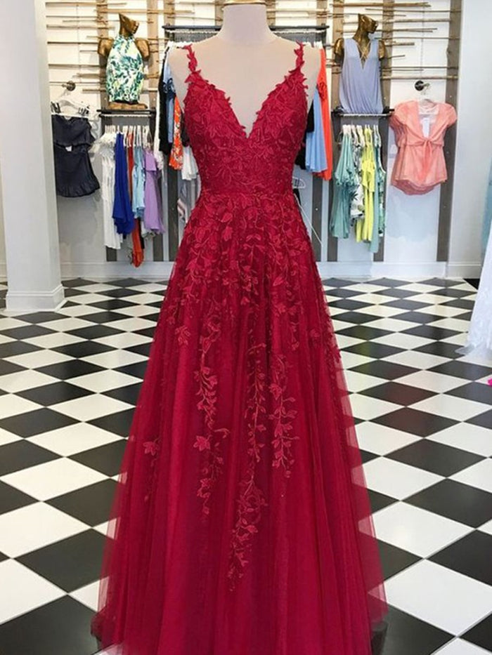 A Line V Neck Burgundy Lace Prom Dresses, Burgundy Lace Formal Dresses, V Neck Graduation Dresses
