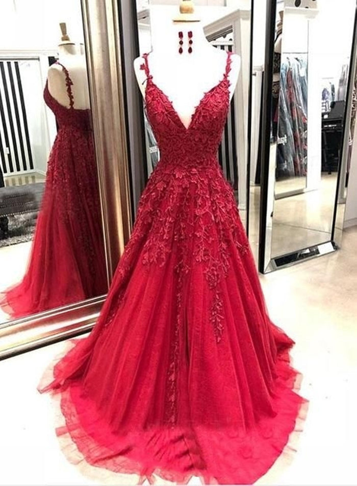 A Line V Neck Burgundy Lace Prom Dresses, Burgundy Lace Formal Dresses, V Neck Graduation Dresses
