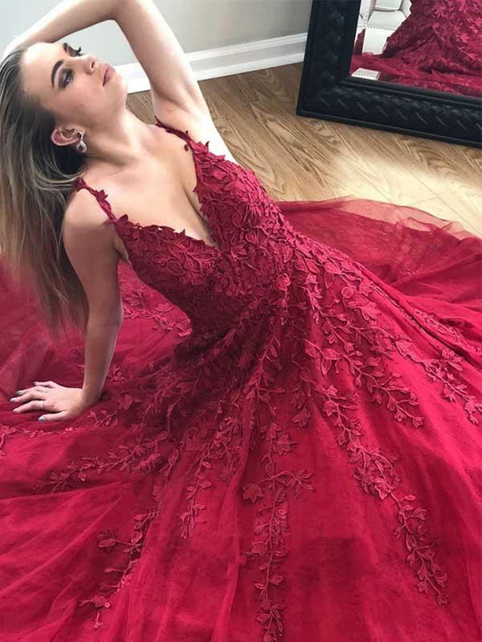 A Line V Neck Burgundy Lace Prom Dresses, Burgundy Lace Formal Graduation Evening Dresses