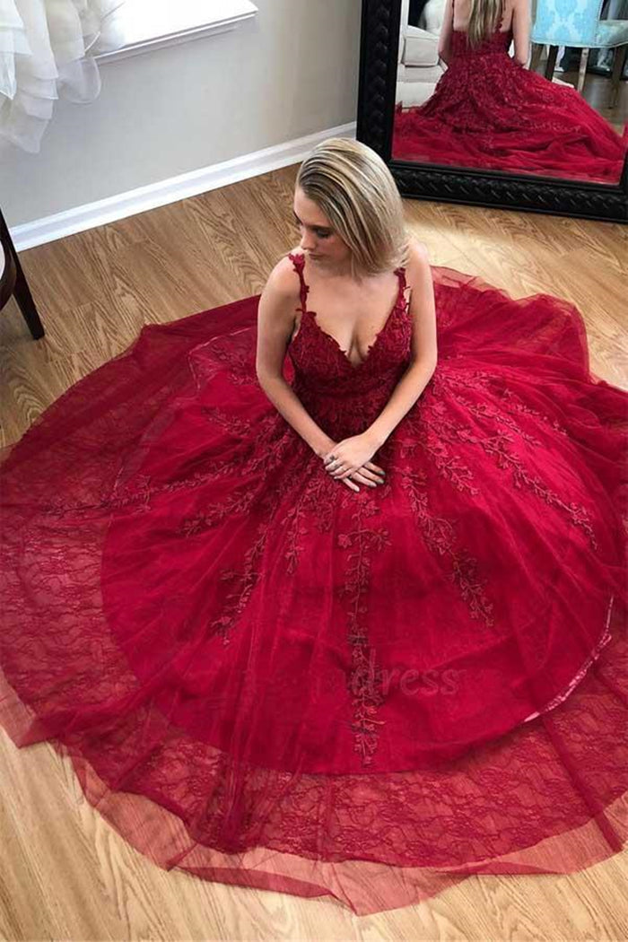 A Line V Neck Burgundy Lace Prom Dresses, Burgundy Lace Formal Graduation Evening Dresses