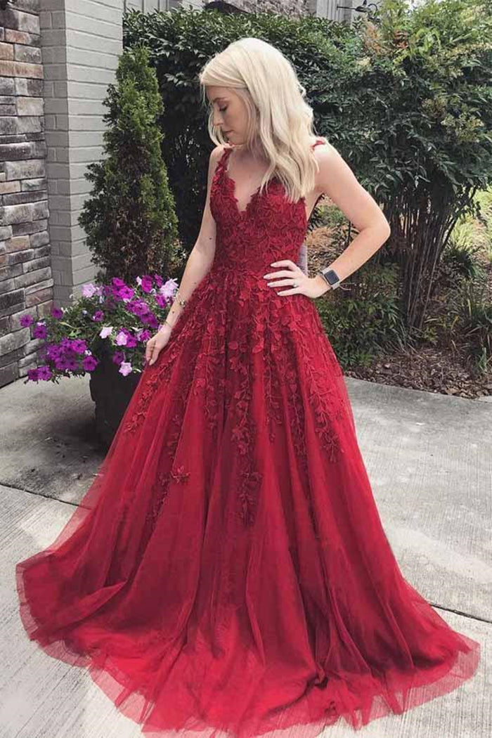A Line V Neck Burgundy Lace Prom Dresses, Burgundy Lace Formal Graduation Evening Dresses