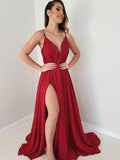 A Line V Neck Burgundy Long Prom Dress, Burgundy Long Formal Graduation Evening Dresses