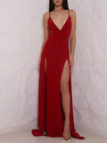A Line V Neck Burgundy Prom Dress with High Slit, Burgundy Formal Graduation Dresses