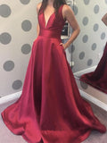A Line V Neck Burgundy Prom Dress with Pocket, Burgundy V Neck Formal Evening Graduation Dresses