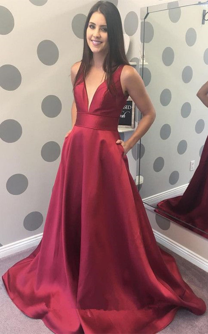 A Line V Neck Burgundy Prom Dress with Pocket, Burgundy V Neck Formal Evening Graduation Dresses