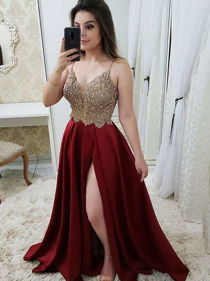 A Line V Neck Burgundy Prom Dresses, Burgundy V Neck Beaded Formal Graduation Evening Dresses
