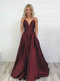 A Line V Neck Burgundy Prom Dresses, Burgundy V Neck Formal Graduation Evening Dresses