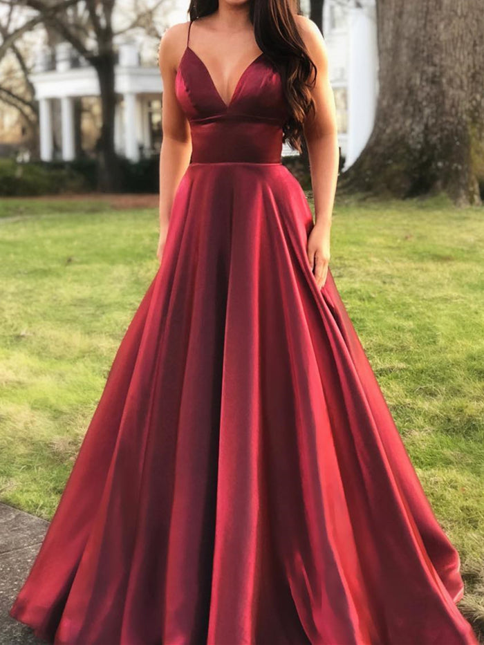 A Line V Neck Burgundy Prom Dresses, Burgundy V Neck Formal Graduation Evening Dresses
