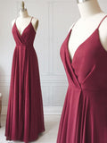 A Line V Neck Burgundy Prom Dresses, Floor Length Burgundy Formal Evening Graduation Dresses